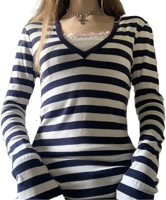 Y2k ストライプ グランジ ゴス シャツ レディース 長袖 ヴィンテージ 美的 原宿 Tシャツ ティーン ガールズ スリム フィット クロップトップ