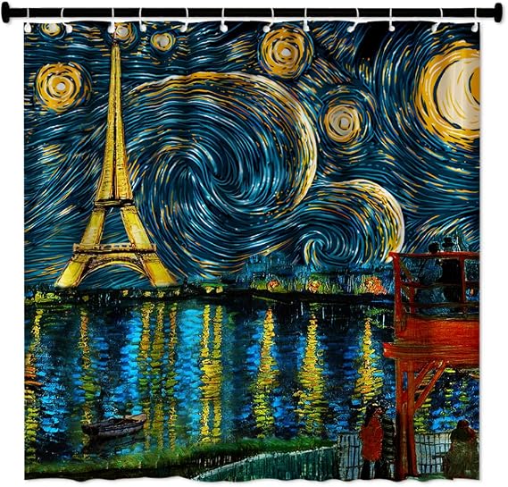 Eiffel Tower Shower Curtain Set Paris Tower Bathroom Curtain Romantic Decor Fabric Bath Curtain Set with Hooks 71X71 Inches (Blue)
