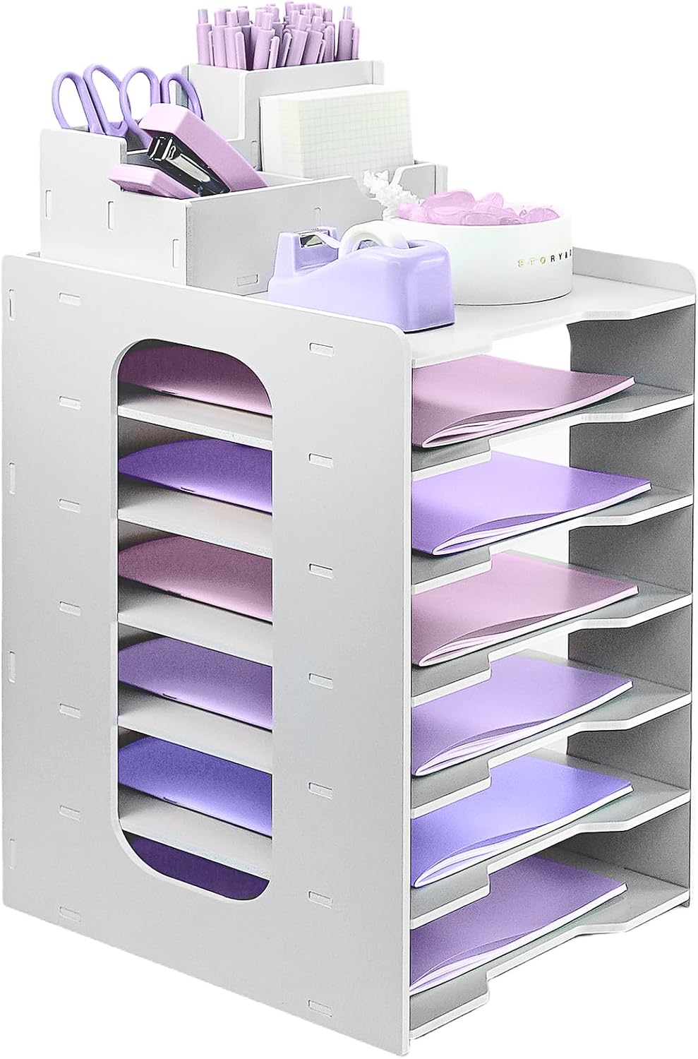 Letter Tray Organiser, A4 Paper Filing Trays, 7-Tier Office File Tray, Desk File Tidy Organizer with Stackable Filing Tray, Desk Paper Organizer with Pen Holder White