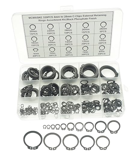 320PCS 15 Sizes Metric 4mm to 28mm Nominal Diameter C-Clips External Retaining Rings Assortment kit,Black Phosphate Finish