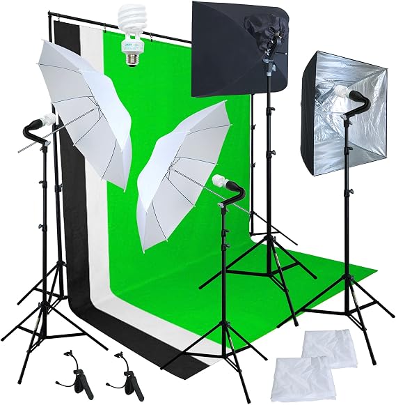 Linco Pheno Studio Lighting Studio Softbox Umbrella Reflector (3 in 1) Photography 9x10 feet Backdrop Stand Kit with 3 Color Muslin & Clamps