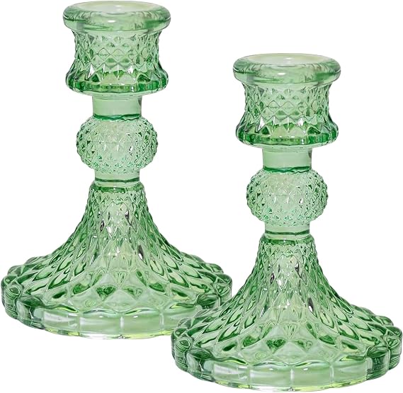 Glass Candlestick Holders Set of 2,Taper Candle Holders Fit 0.8 Inch Candles, Crystal Decorative Candle Stand Centerpiece for Table Wedding Dinning Party 4 Inch Tall (Green)