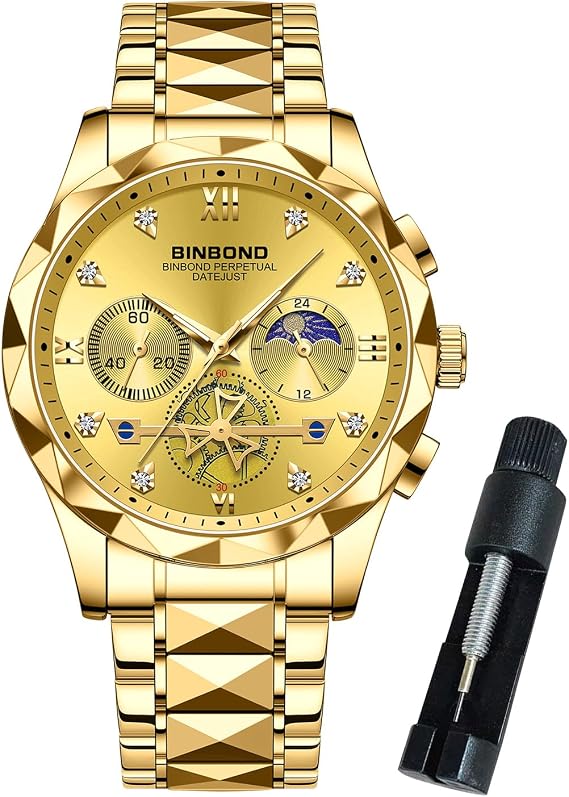 BINBOND Watch for Men Luxury Diamond Business Dress Analog Quartz Stainless Steel Casual Date Mens Wrist Watches Waterproof Luminous