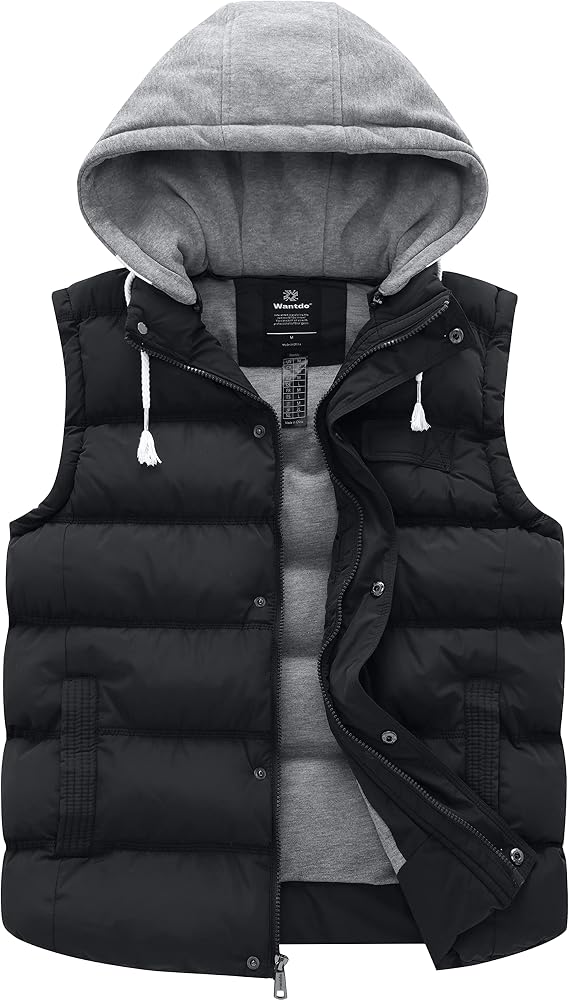 Wantdo Men's Winter Vest Waterproof Puffer Vest Jacket with Removable Hood | Waterproof 3000mm, Detachable Hood with Adjustable Drawstring, Windproof, Thick Padded, Daily Wear, Travel, Hiking