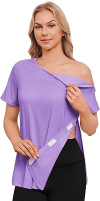 Deyeek Post Surgery Shirts for Women with 2 Shoulder Half Zippers Chemo Port Shirt Side Tear Away Adaptive Clothing