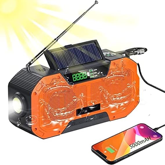 Solar Radio,Radio Dynamo Crank Radio, Emergency Outdoor Radio, 5000 MAh, AM/FM/WB Solar Powered Flashlight, Reading Light, SOS Alarm
