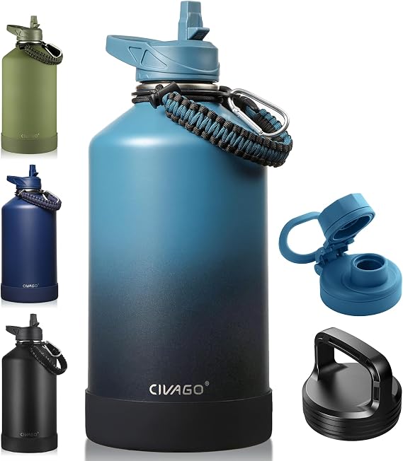 CIVAGO Gallon Insulated Stainless Steel Water Bottle With Straw and 3 Lids