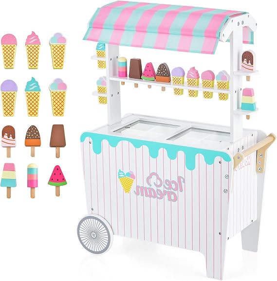 GLACER Ice Cream Cart, Wooden Kids Grocery Store Playset w/Display Rack, Freezer, Side Handle Bar, 2 Wheels, Canopy, 12-Piece Accessories, Realistic Ice Cream Cart Toy, Gift for Boys Girls 3+