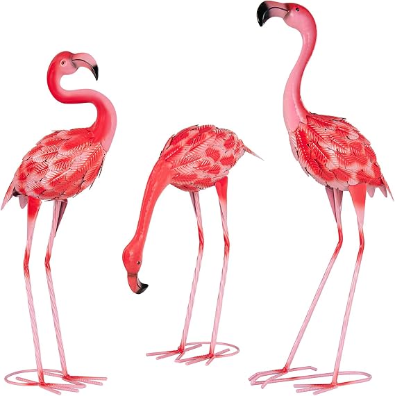 XONOR 3Pcs Flamingo Garden Statues Metal Flamingo Yard Art Outdoor Statues Sculptures for Home Patio Lawn Backyard Decor(Pink&Red)