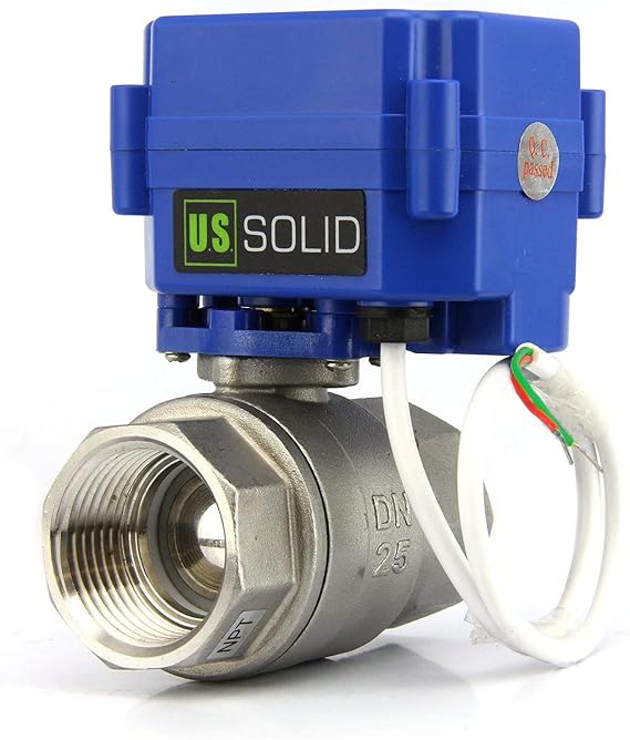 U.S. Solid 1" Motorized Valve 220V AC (85V-265V AC), 2 Way Stainless Steel Electric Ball Valve, 2 Cables, Automatic Return, Normally Open