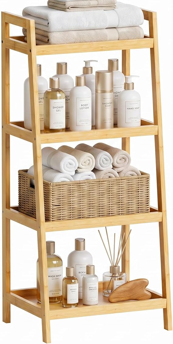 SMIBUY Bamboo Ladder Bookcase, Bathroom Storage Rack Organizer, 4 Tier and 5 Tier Freestanding Plant Display Stand Space Saver Shelves for Bedroom, Kitchen, Balcony (Natural, 4 Tiers (39" H))