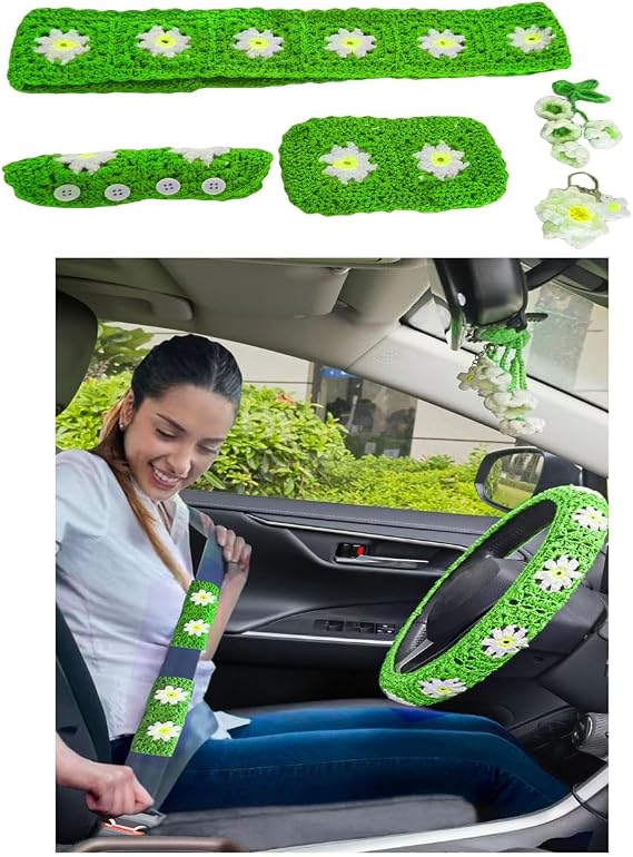 Handmade Sunflower Crochet Steering Wheel Cover Sunflower Seat Belt Cover Crochet Wheel Cover Accessories Decorations (Steering Wheel Cover +2 Seat Belt Cover+2 Hanging Ornaments)