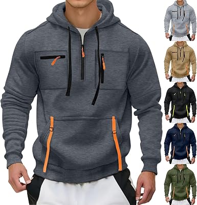 Hoodies for Men Zip Up with Chest Pockets Tactical Hooded Sweatshirt Long Sleeve Workout Athletic Pullover Tops