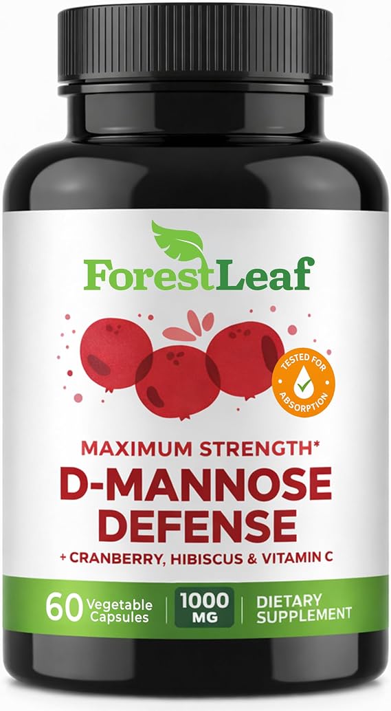 ForestLeaf D Mannose 1000mg Capsules - D-Mannose with Cranberry, Hibiscus & VIT C, Urinary Tract Health for Women and Men, Organic DMannose Pills for UTI, Urinary Health & Bladder Support 60 Capsules