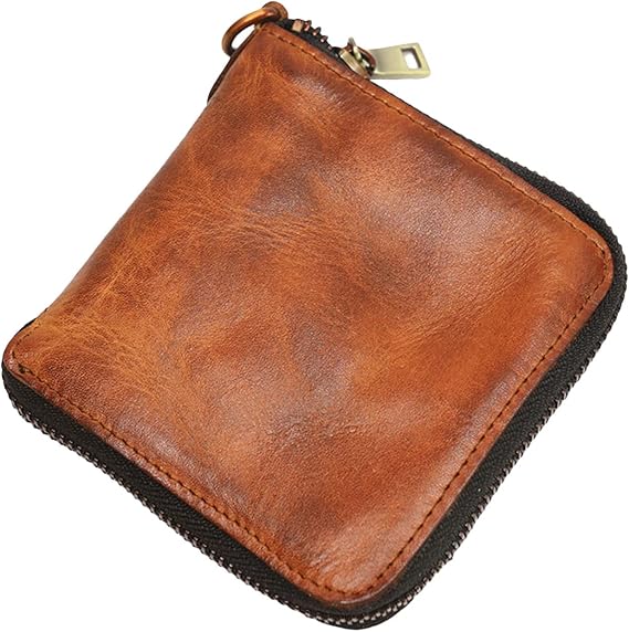 Leather Coin Purse, Men Zipper Folded Leather Wallet Men's Wallet with Zipper Coin Purse Pouch Men's Zippers Leather Wallets (Brown)