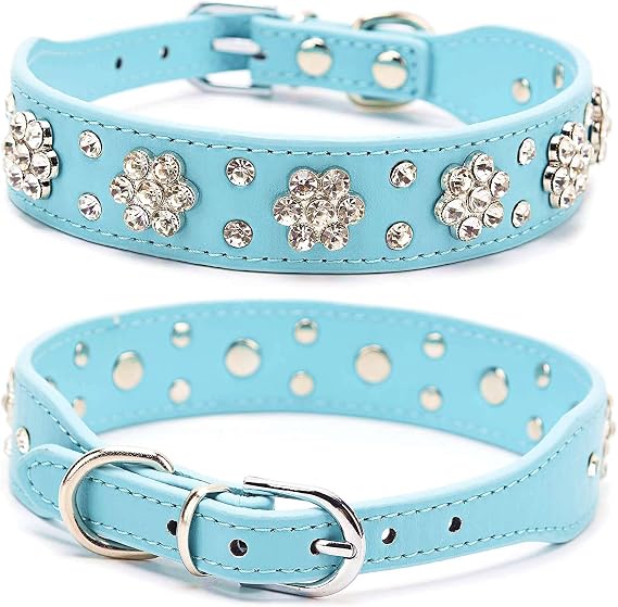 Rhinestone Dog Collar, Cute Flower Rhinestone Cat Dog Collar Bling Collar PU Leather Collar Adjustable Sizes Small Medium Large (S:21-27cm, Blue)