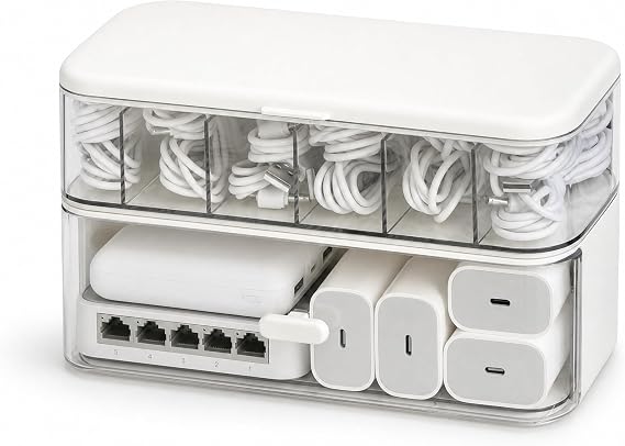 Cable Organizer Box with Lid, Multi Slot Cable Storage Box