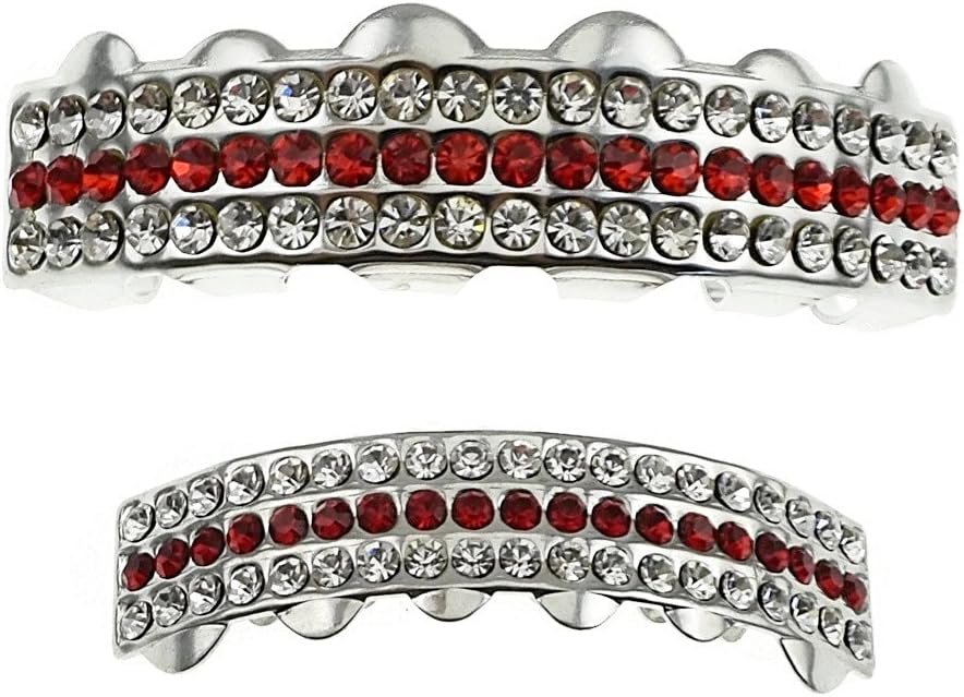 Red Grillz Iced Top & Bottom Teeth Three Row Silver Tone Mouth Grills Set