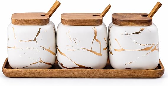 Ceramic Spice Jars Porcelain Condiment Jars Set Marble Ceramic Seasoning Box 3pcs Condiment Pots for salt, sugar, pepper Kitchen Seasoning Condiment Jar Set