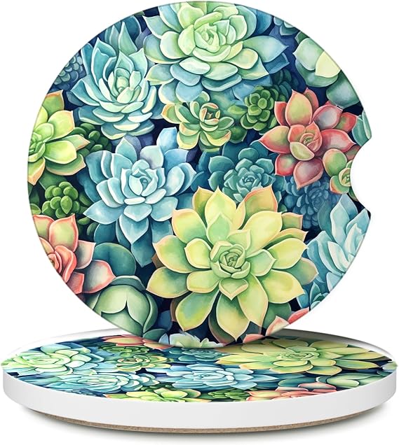 Ceramic Car Coasters Absorbent Car Cup Holder Coaster Set for Women, Cute Aesthetic Car Accessories for Girls, 2 Pack (Olive Green)