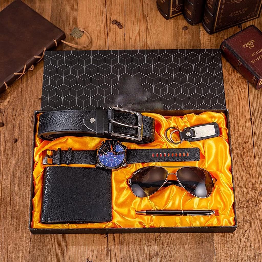 HMTE 6pcsSet Men's Gift Set Large Dial Quartz Watch Glasses Leather Belt Wallet Keychain Pen Boutique Gift Set Box for Men Color : Black Blue