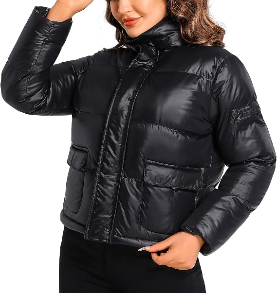 Women's Quilted Shiny Padded Windproof Puffer Jacket with Baggy Pockets Bubble Coat