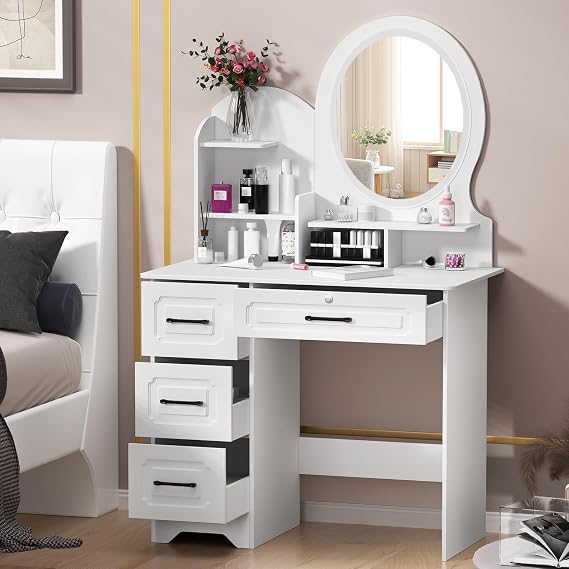 Makeup Desk with Mirror, Vanity Desk with Storage Shelves and Large 4 Drawers, Makeup Vanity Table with Light, Bedroom Dressing Table White