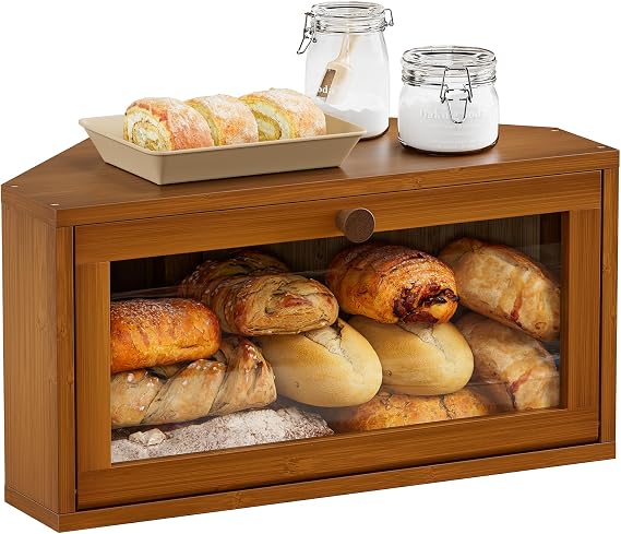 Corner Bread Box for Kitchen Countertop, Bamboo Bread Storage Container