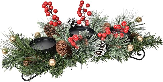 Lvydec Christmas Candle Holder Centerpiece - Pine Cones and Red Berry Table Centerpiece with 3 Candle Holders for Festival Table Home Decoration