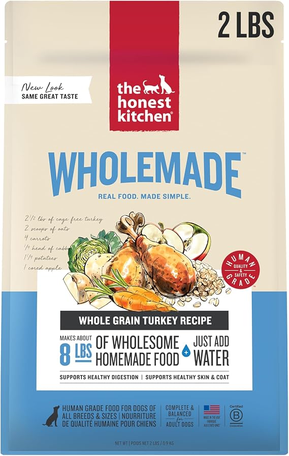 The Honest Kitchen Wholemade Whole Grain Turkey Recipe, Human Grade Dehydrated Dog Food, Just Add Water, Supports Healthy Digestion, Skin & Coat, Topper for Dry or Wet Dog Food, 2 lb Box Makes 8 lbs