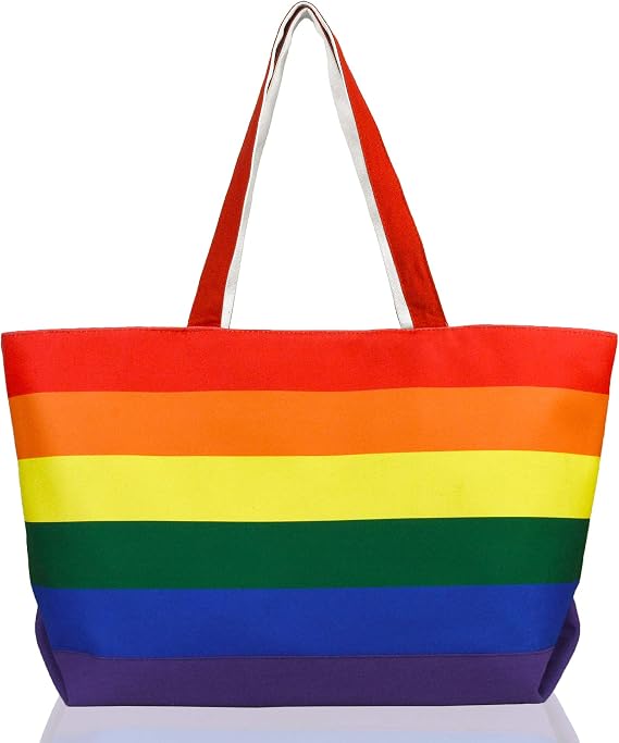 DALIX Rainbow Canvas Tote Bag with Zipper Top Large 23 Inch Reusable Beach Shopping Travel Grocery Tote with Inner Pocket and Shoulder Straps