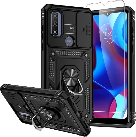SMKY for Moto G Play 2023 Case,Moto G Pure Case,with Screen Protectors and Camera Cover,[Military Grade] 16ft.Drop Tested Cover with Magnetic Kickstand, Black