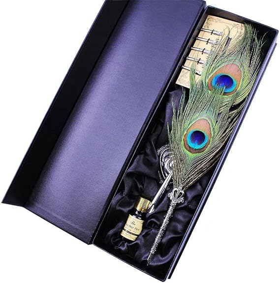 SpyShop Peacock Feather Pen Quill Ink Pen Set- Antique Feather Writing Dip Ink Pent Handmade Heart-Shaped Pen Holder Writing Dip Pen Calligraphy Gift Set