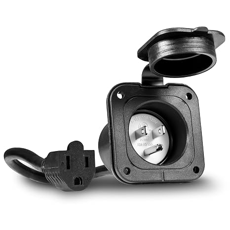 True Mods 15A AC Port Plug Flanged Inlet Socket 15 Amp Shore Power Supply Receptacle w/ 16" Outdoor Extension Cord Cable for RV Camper Boat Trailer [NEMA 5-15 125V] [Low-Profile] [Waterproof] [ETL]
