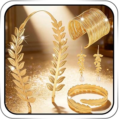 Sixexey Goddess Greek Accessories Golden Toga Laurel Leaves Costume Headband Upper Arm Cuff Earrings Set Bridal Leaf Crown Jewelry Accessories for Women4PCS