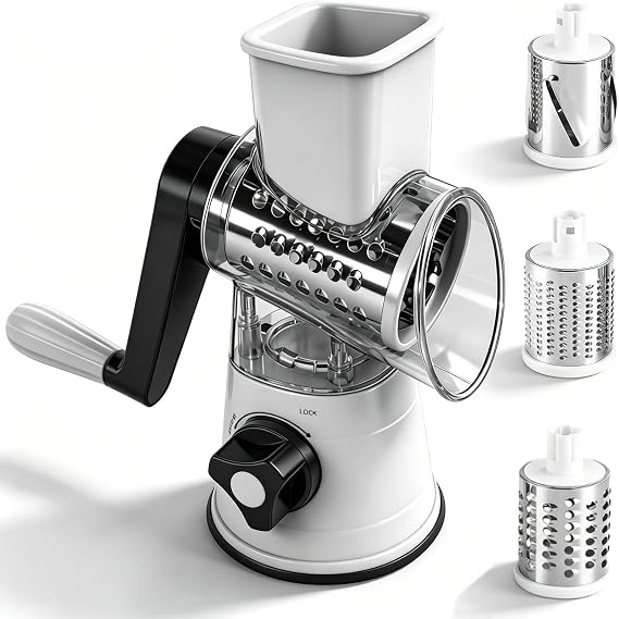 Cheese Grater with Crank Manual Drum Grater Grater for Vegetables with 3 Drum Blades Vegetable Cutter with Non-Slip Suction Cup Strong Suction for Cheese Cucumbers Carrots White