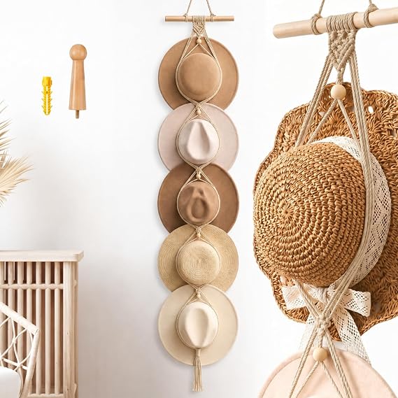 Yulejo Macrame Hat Hangers Boho Cowboy Holder, Beige, Five Hats Style