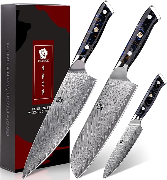 WILDMOK Damascus Kitchen Knife Sets 3 PCS, Japanese Kitchen Knife Set Damascus Steel Core, Ultra-Sharp Professional Chef Knife Set  Handle, Gift Box