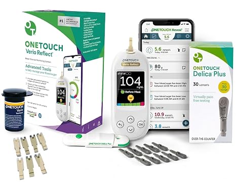 OneTouch Verio Test Kit with Meter, Lancets, Lancing Device and Test Strips | Complete Blood Sugar Kit, Verio Reflect Blood Glucose Meter, Lancing Device, 30 Lancets & 30 Test Strips