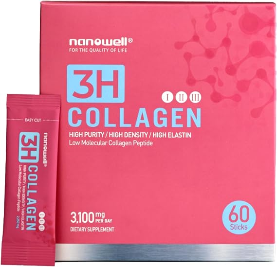 NANOWELL 3H Collagen Peptides, Types I, II &III, Vitamin C &HA, 60 Sticks