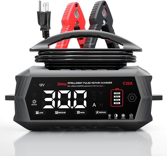 Haisito 30 Amp Car Battery Charger, 12V/24V Lithium LiFePO4 Battery Charger Automatic Battery Maintainer, Portable Smart Trickle Charger for Automotive Car Truck Motorcycle Lawn Mower Boat AGM Gel