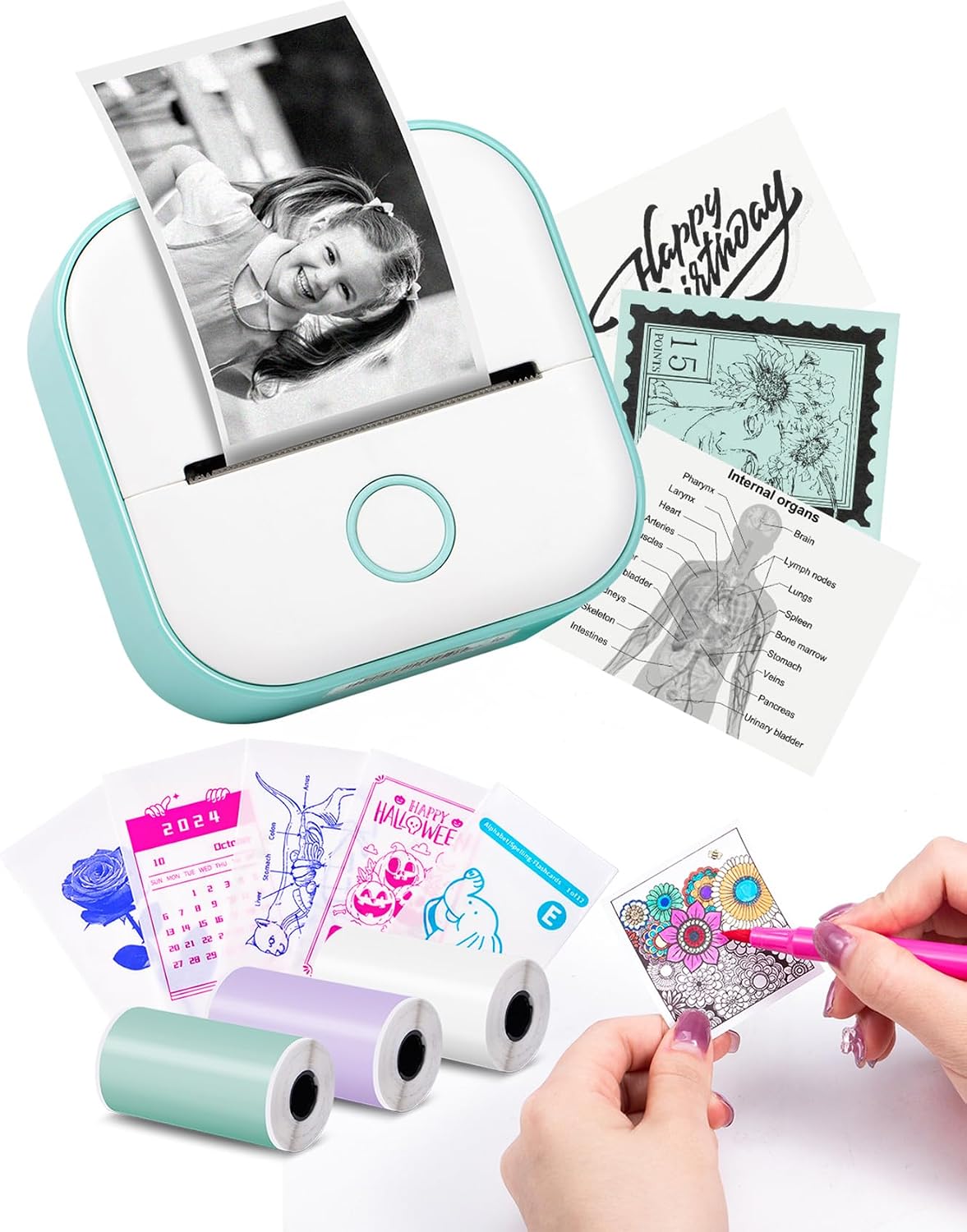 Memoking Print Pods Mini Printer - T02 Thermanote Thermal Sticker Printer for Kids, Portable Label Maker Inkless Sticker Maker Machine, Pocket Phone Instant Print for Study, Anatomical Diagrams, Photo