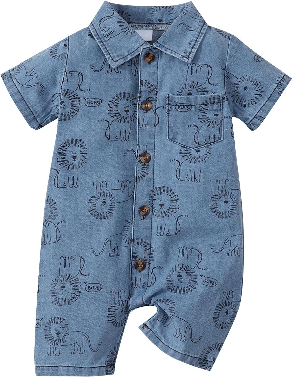 Baby Boys Denim Romper Cute Print Button Down Newborn Short Sleeve Lapel Onesie Pockets Casual Jumpsuit
