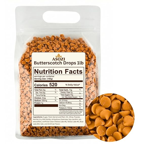 Butterscotch Chips for Baking 1lb | Baking Morsels for Cookies & Cakes | Smooth & creamy butterscotch drops for pancakes, ice cream & yogurt topping. By ASOZI