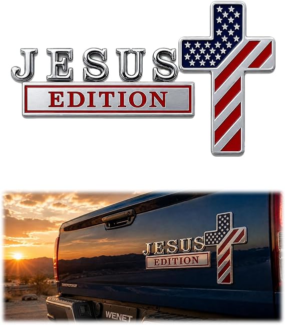 Blessed Jesus Edition Cross Emblem Metal Badge, 3D Chrome Metal American Flag Car Emblem, We The People Patriot Flag Auto Decal Stickers for Car, Truck, SUV, RV, Motorcycle(1PC)