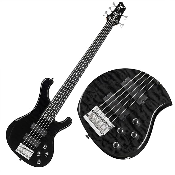 Electric Bass Guitar 5 Strings Full-Size Standard Solid Wood Electric Bass, Ripple Elm Wood Body, Flowing Water Wave Design, Each Guitar Has Unique Grain, A True Piece of Art DB120 (Black)