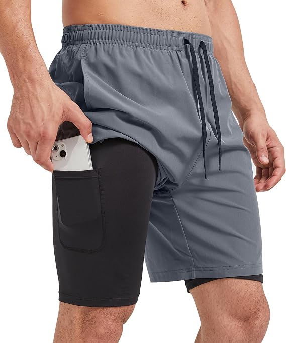 Mens 2 in 1 Running Shorts 7" with Compression Liner Quick Dry Elastic Drawstring Lightweight Athletic Shorts Gray