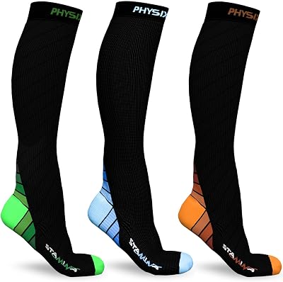 Physix Gear Sport 3 Pairs of Compression Socks for Men & Women in BlackGreen  BlackOrange  BlackBlue XXL Size