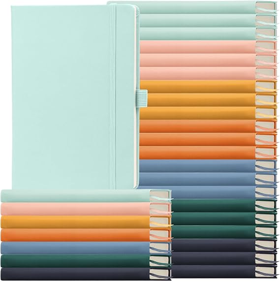 Laumoi 28 Pack A5 PU Leather Lined Notebook Journal, Fresh Color,Simple | PU Leather Journals, Wide Ruled 5.5x8.2 Inch, For School Business Work Writing, Bulk Ideal for Classroom Office Supplies
