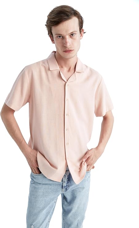 DeFacto Erkek Regular Fit Apaş Yaka Keten Karışımlı Kısa Kollu Gömlek